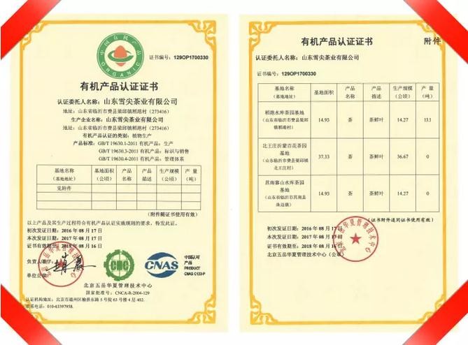 沂蒙雪尖榮獲榮譽(yù)證書